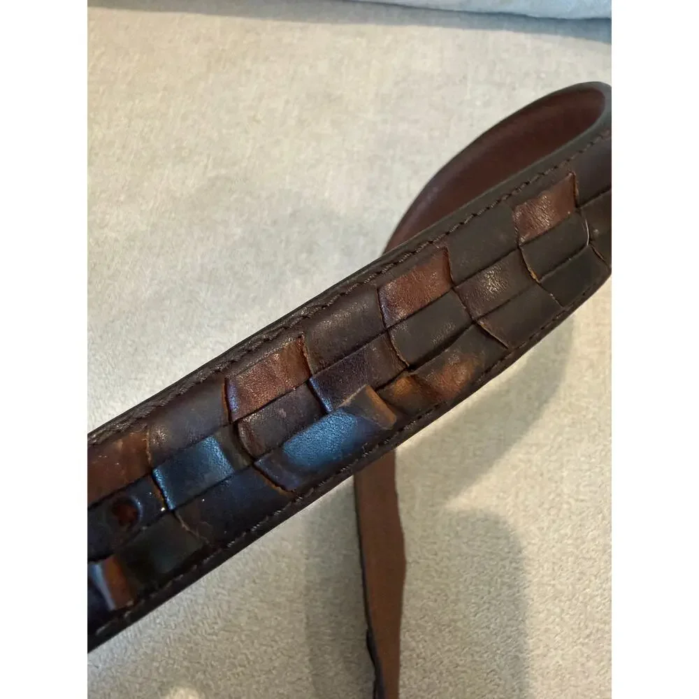 VTG Genuine Leather Belt Men‎ Brown Woven Braided Solid Brass Buckle Size 38